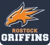 Logo der Rostock Griffins, ein orangefarbener Greifkopf im Profil über dem Text „Rostock Griffins“ auf dunkelblauem Hintergrund.