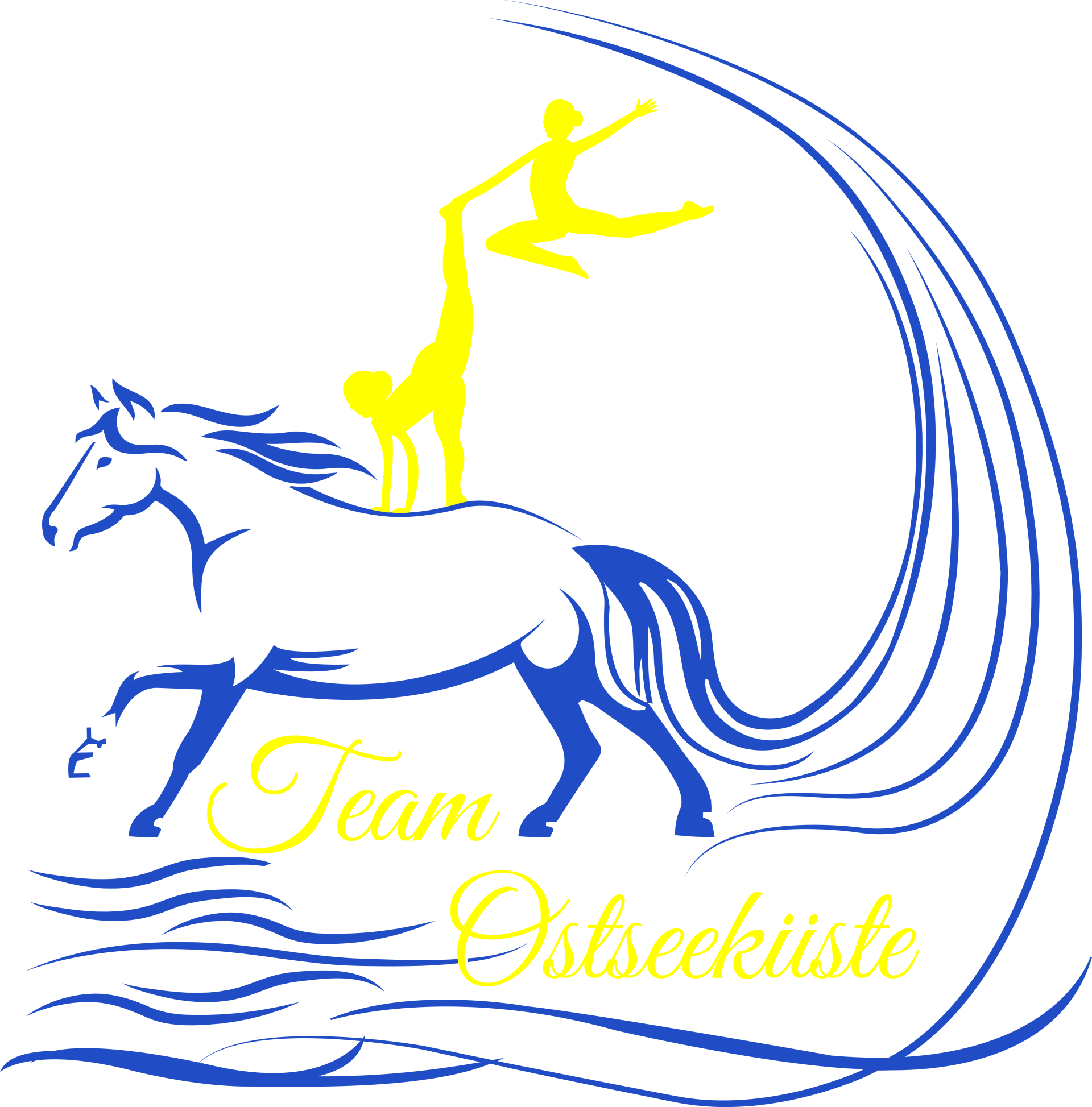 Pferd mit Akrobaten, blau und gelb, Logo „Team Ostseeküste“.