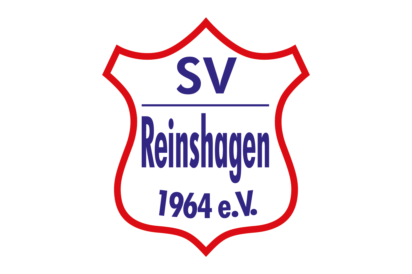 Schildförmiges Logo des SV Reinshagen. Weißer Schild mit rotem Rand. „SV Reinshagen 1964 eV“ in blauer Schrift.