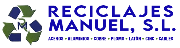 Logo de Reciclajes Manuel, S.L. con símbolo de reciclaje verde y azul en fondo blanco.