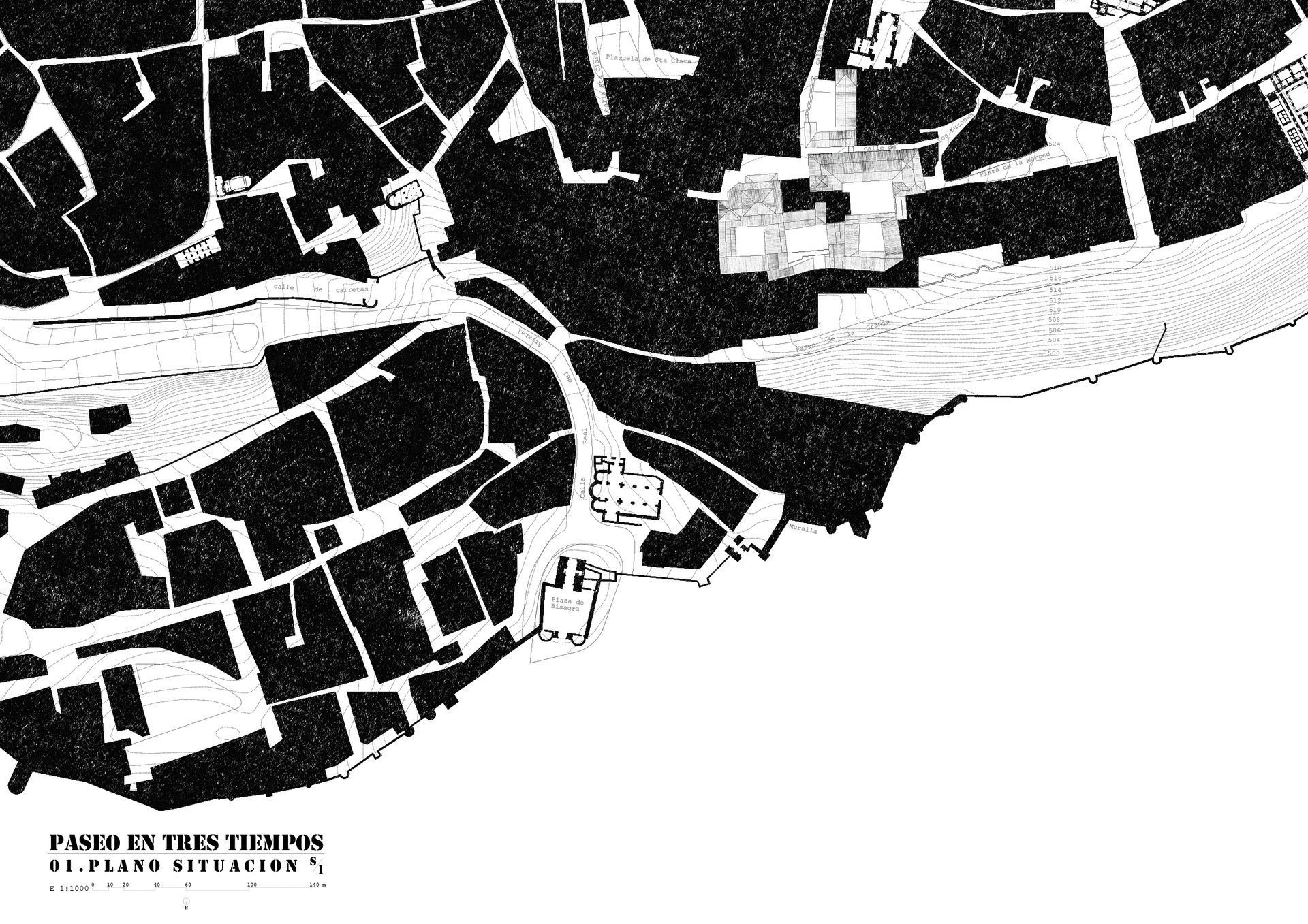 Un mapa en blanco y negro de una ciudad con edificios y un río.