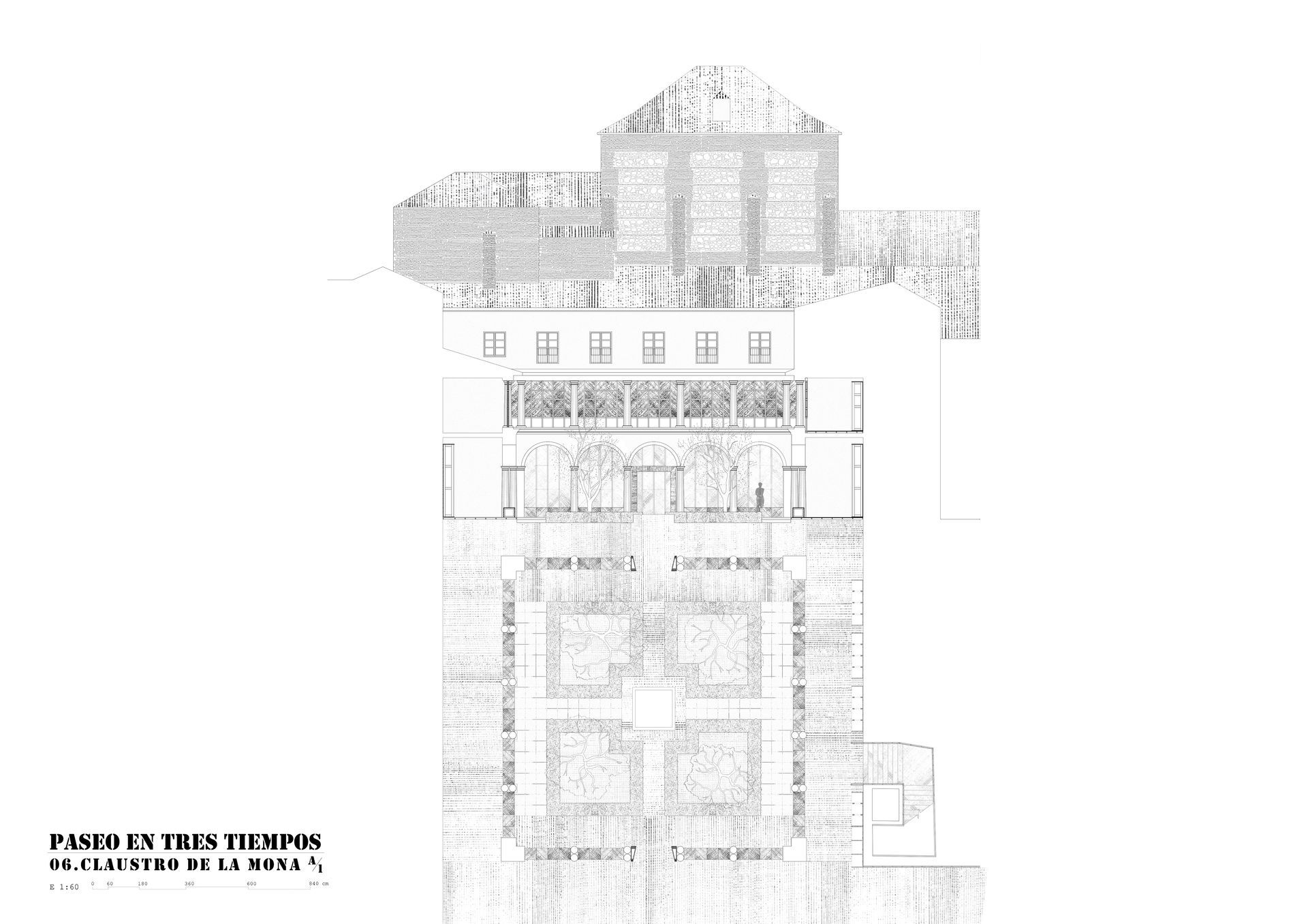 Un dibujo en blanco y negro de un edificio sobre un fondo blanco.