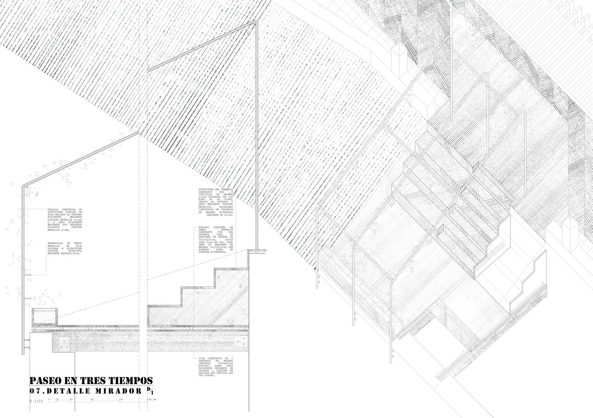 Un dibujo en blanco y negro de un edificio con escaleras.