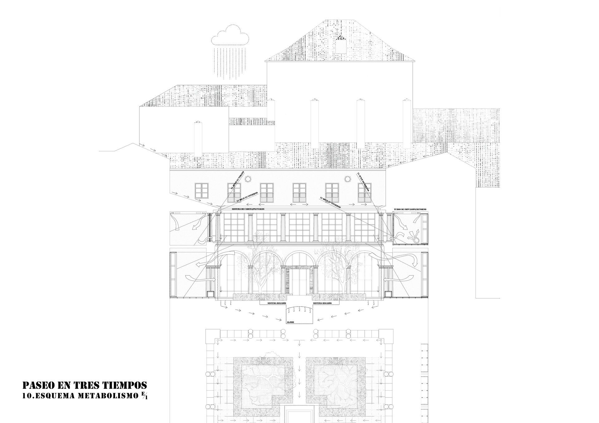 Es un dibujo en blanco y negro de un edificio.