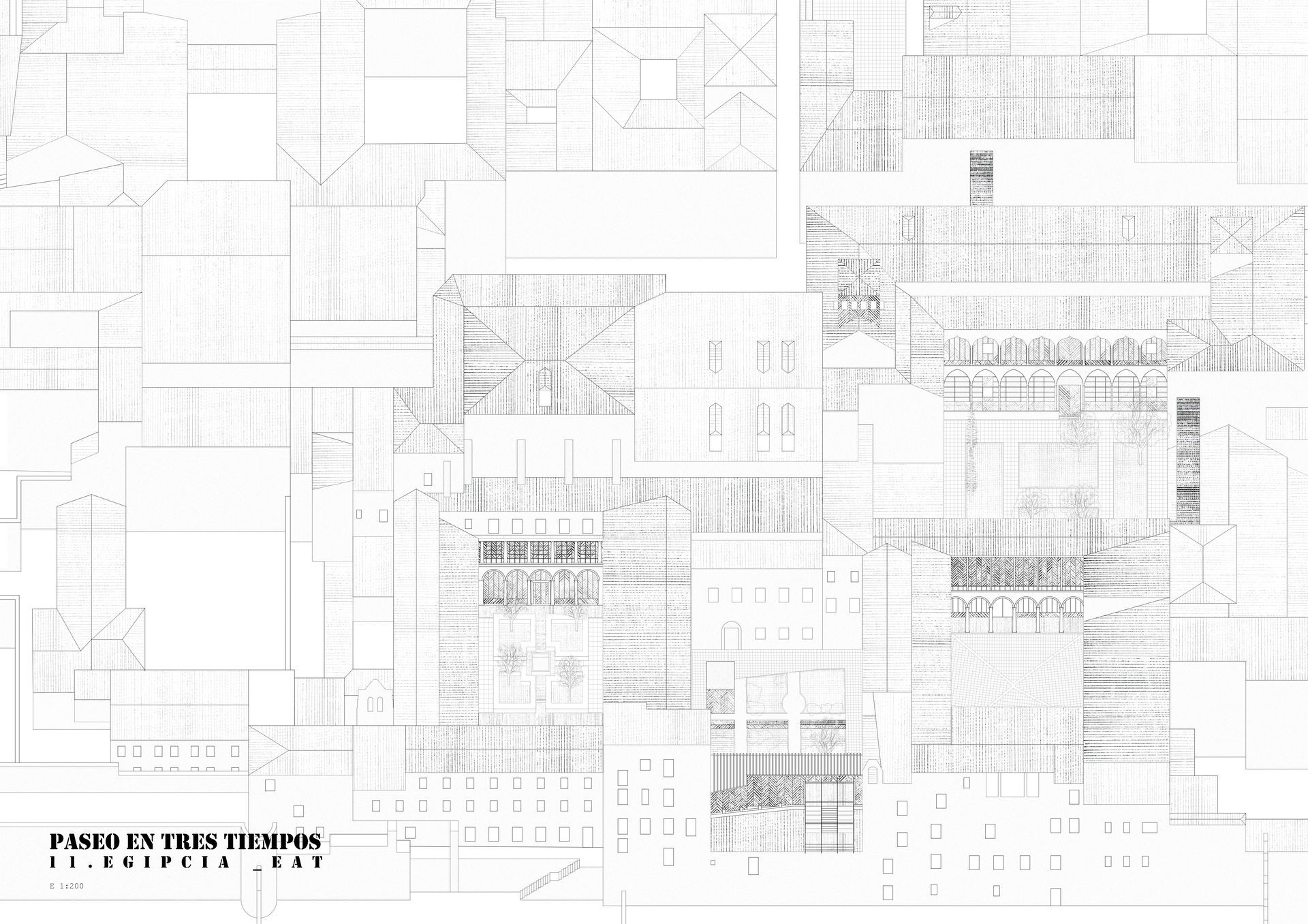 Un dibujo en blanco y negro de un edificio sobre un fondo blanco.