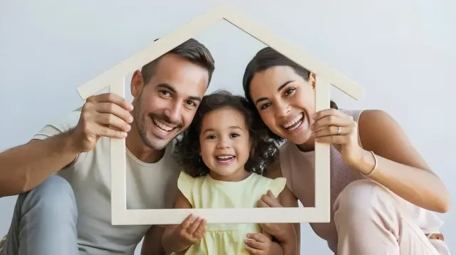 Familia de tres sonriendo, sosteniendo un marco de casa de madera.