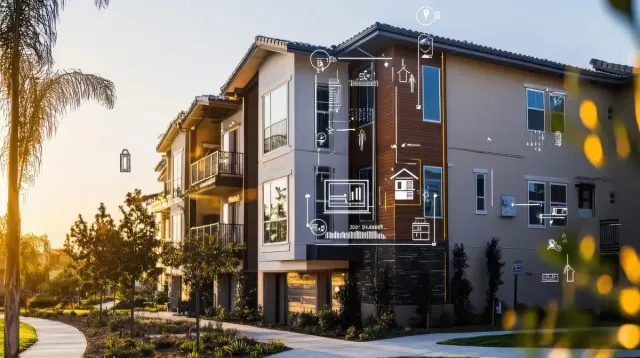 Edificio de apartamentos moderno con superposición de casa inteligente, entorno soleado.