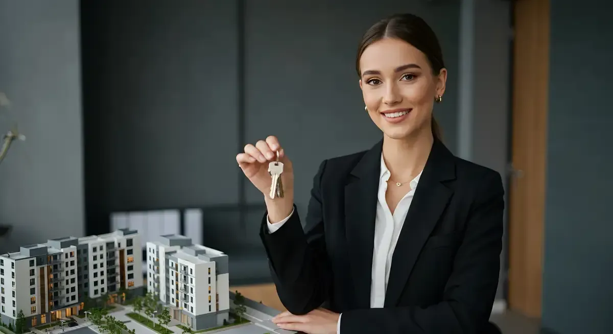 Agente inmobiliario sosteniendo llaves, sonriendo, frente a un modelo de edificio sobre un escritorio.
