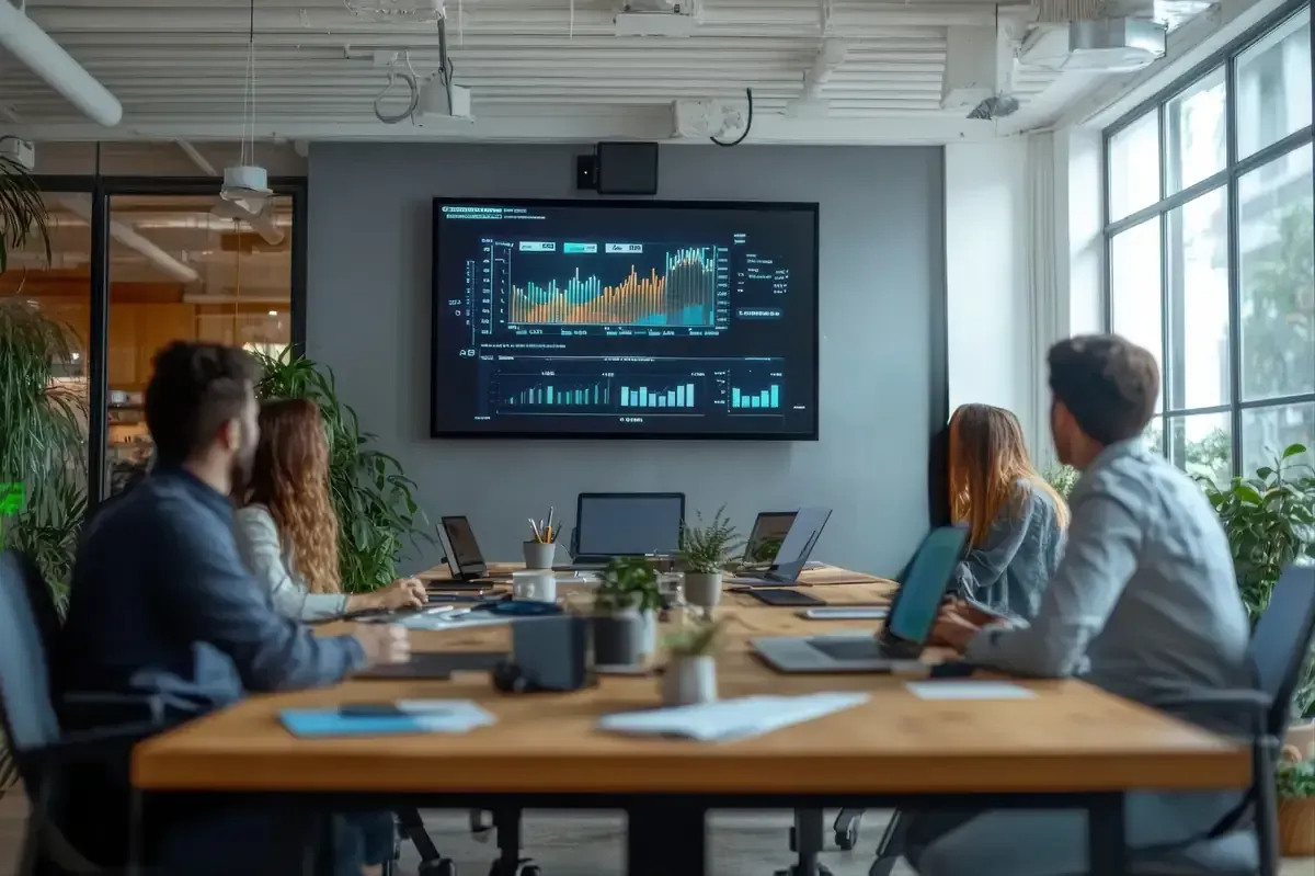 Reunión de negocios en una oficina moderna. Personas sentadas en una mesa con portátiles observan una pantalla con datos financieros.