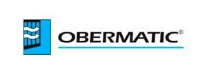 El logotipo de Obermatic es un logotipo azul y negro con un borde blanco.