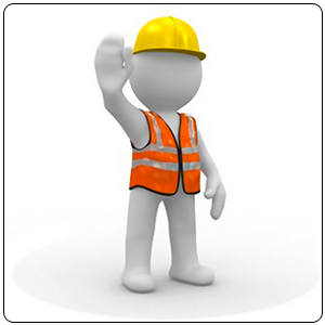Un hombre en 3D que lleva un casco amarillo y un chaleco naranja.