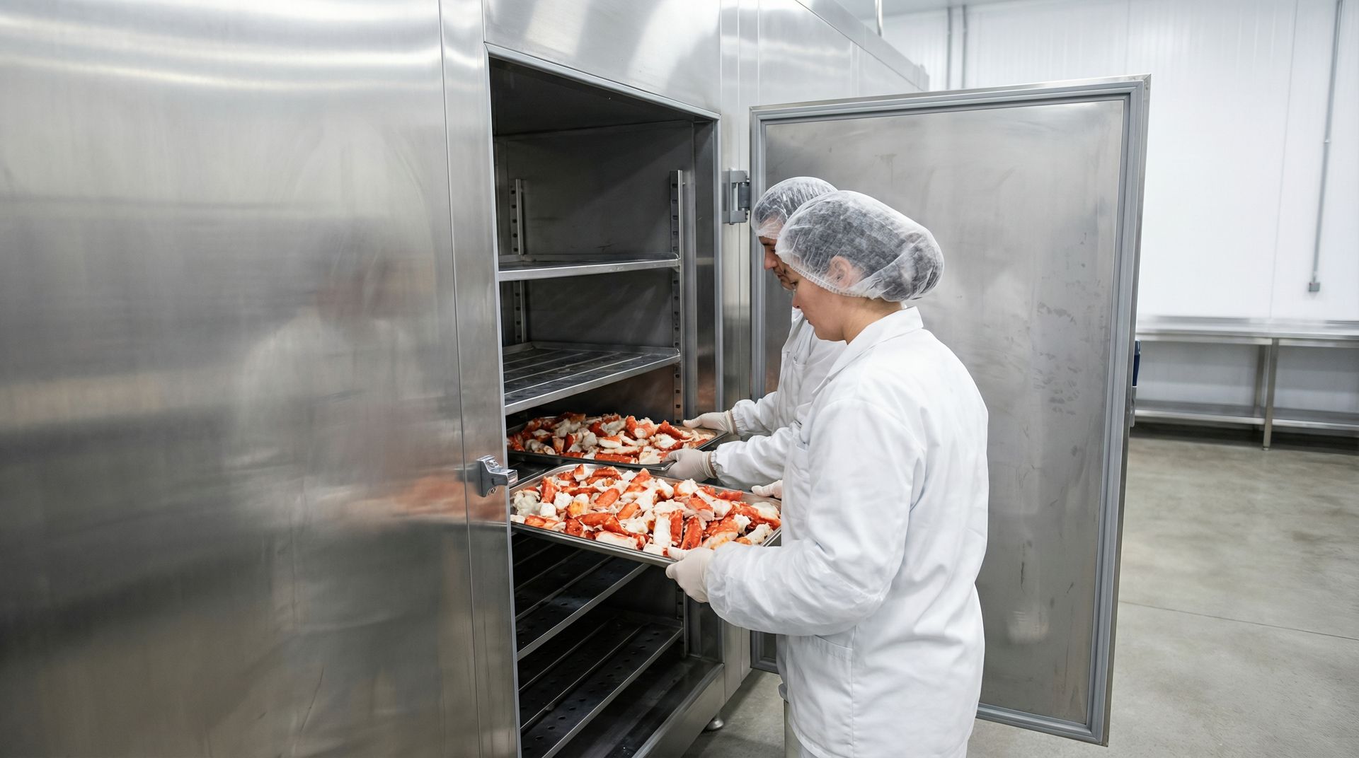Un ouvrier charge des plateaux de nourriture dans un four industriel en acier inoxydable dans une cuisine commerciale