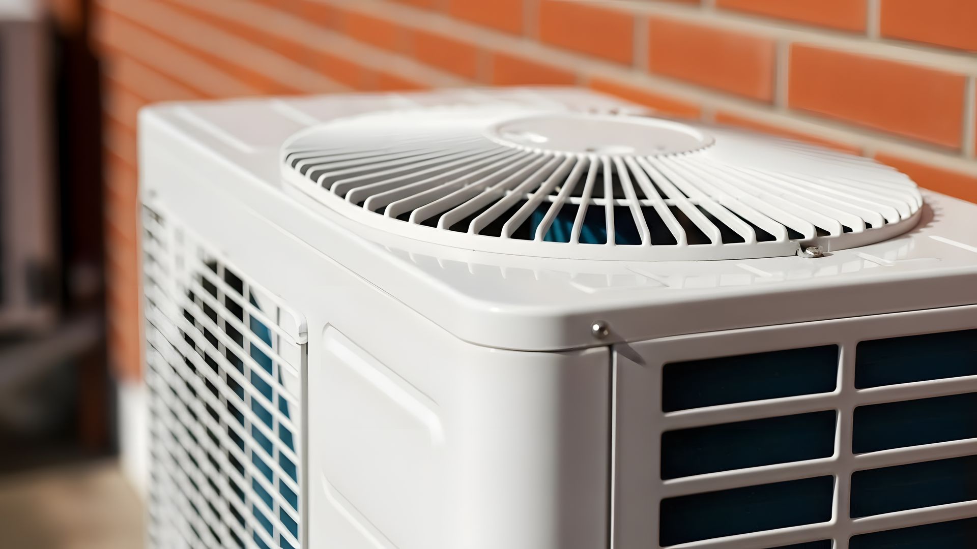 Unité de climatisation extérieure blanche avec ventilateur d'extraction supérieur et grille latérale, montée à côté d'un mur en briques.