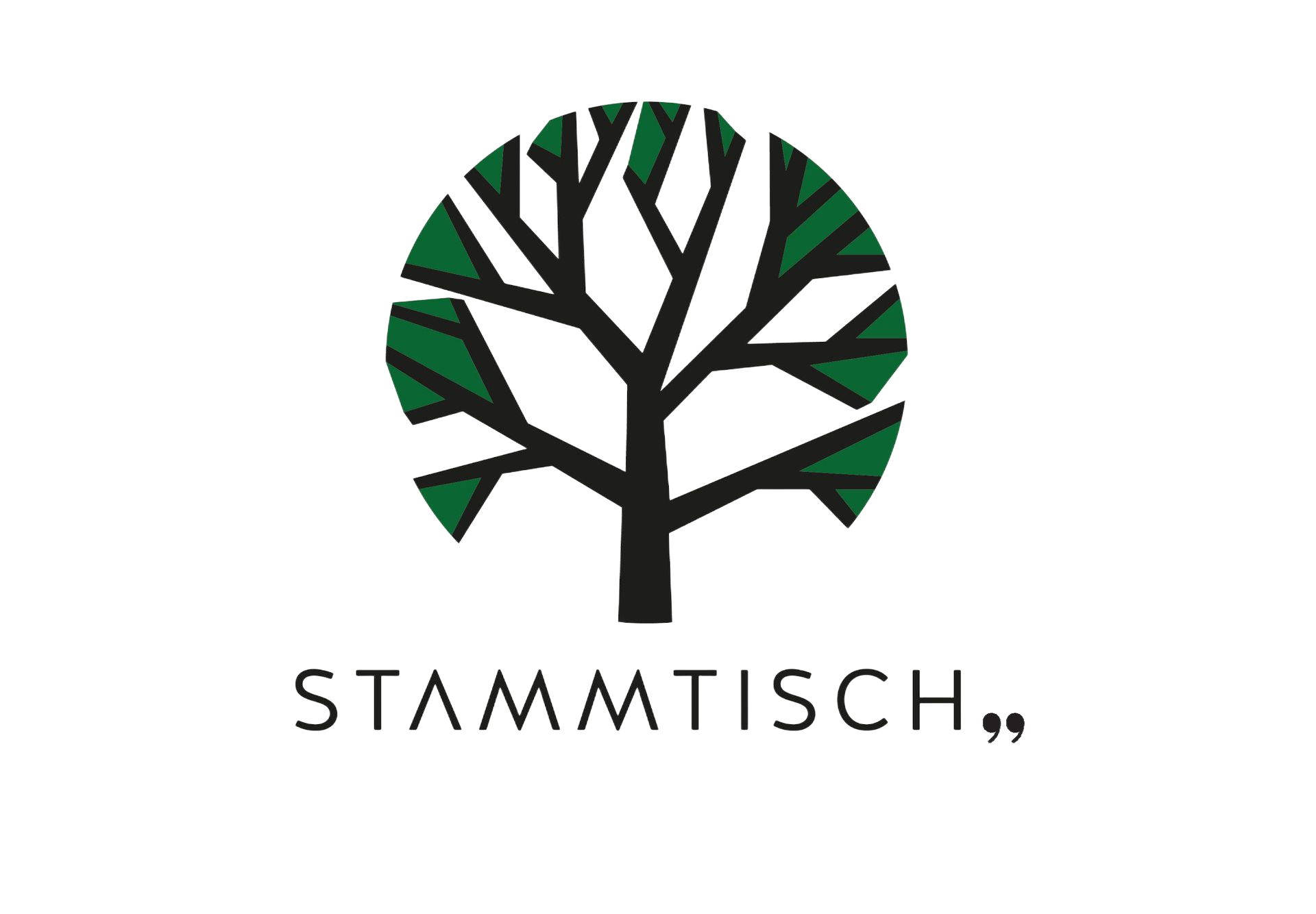 Logo mit schwarzem Baum und grünen Blattakzenten über dem Wort „STAMMTISCH“