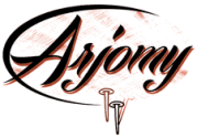 Un logotipo para una empresa llamada Ajomy con clavos en él.