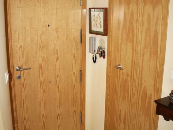 Un pasillo con dos puertas de madera y un cuadro en la pared.