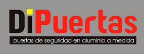 Un logotipo rojo y negro para dipuertas sobre un fondo gris.