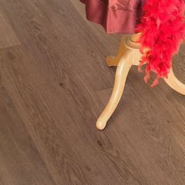 Una boa de plumas rojas está encima de una mesa de madera.