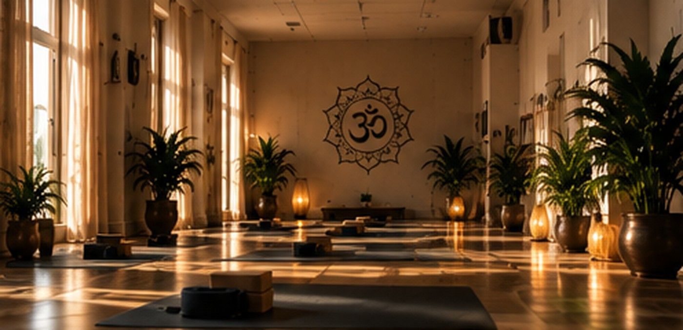 Estudio de yoga iluminado por el sol con plantas, esterillas y un símbolo Om en la pared del fondo.
