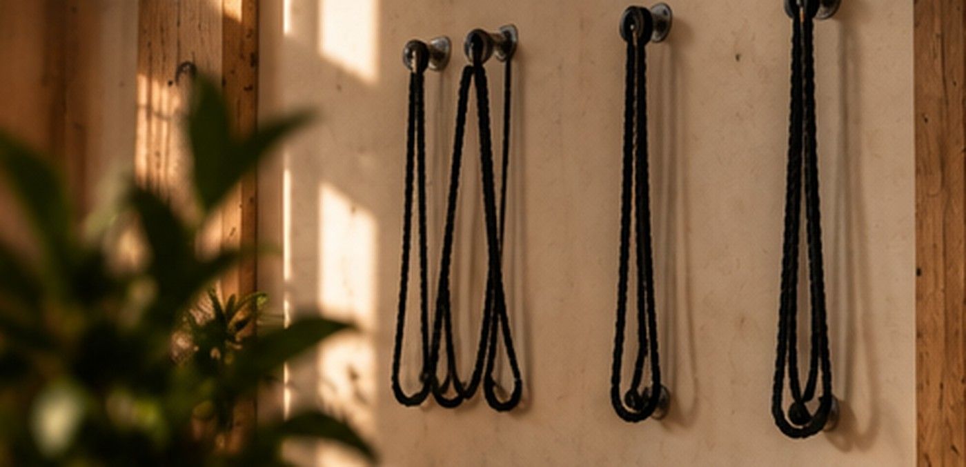 Tres lazos de cuerda negra cuelgan de una pared beige junto a una planta verde borrosa.