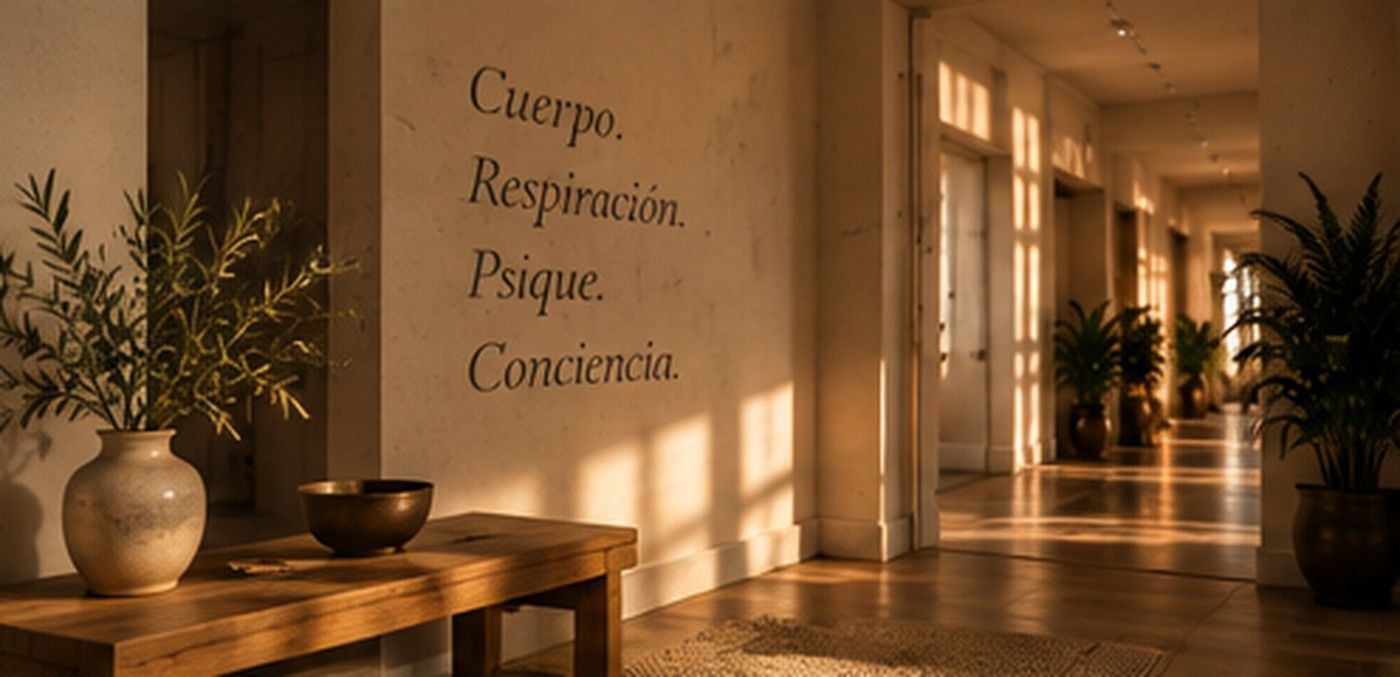 Sunlit hallway with potted plants, wooden table, and wall text reading “Cuerpo, Respiración, Pausa, Conciencia.”