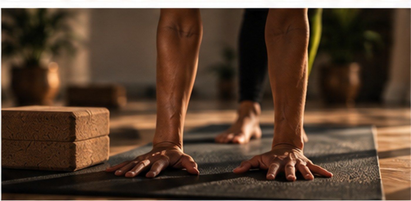 Atleta haciendo una plancha sobre una esterilla de yoga junto a un bloque de ladrillos, con las piernas y las manos visibles.