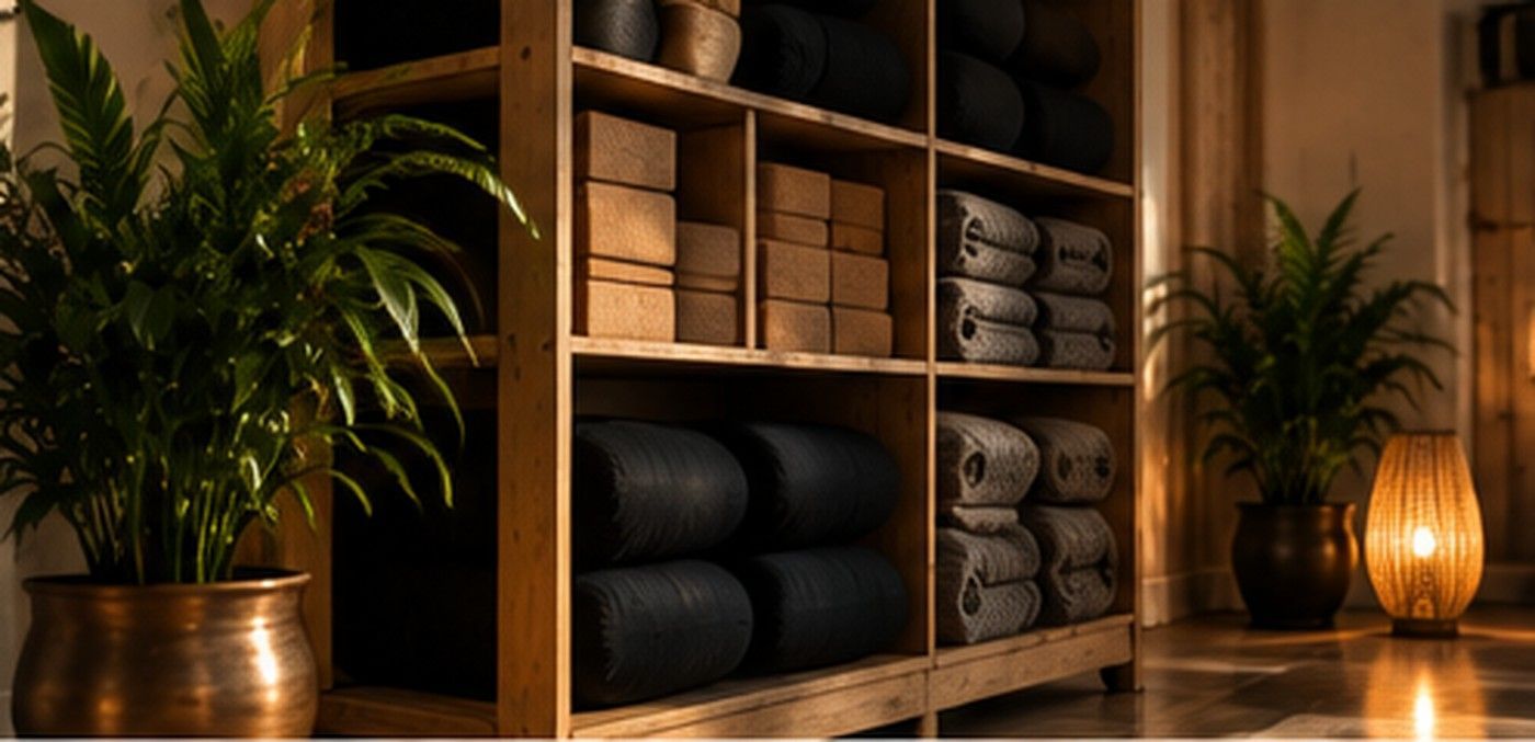 Estanterías de madera para spa con toallas enrolladas, cestas, sábanas dobladas e iluminación ambiental cálida.