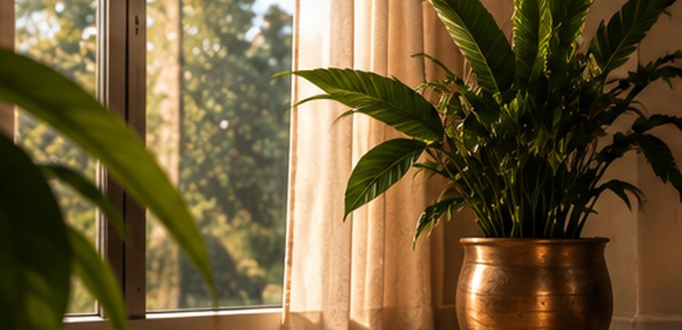 Un helecho en maceta sobre un alféizar soleado junto a unas cortinas beige y una planta frondosa en una maceta de cobre.