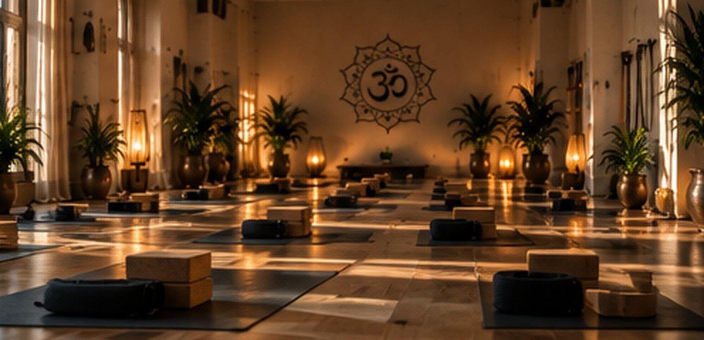 Elegante estudio de yoga interior con iluminación cálida, plantas en macetas y un gran símbolo Om en la pared del fondo.