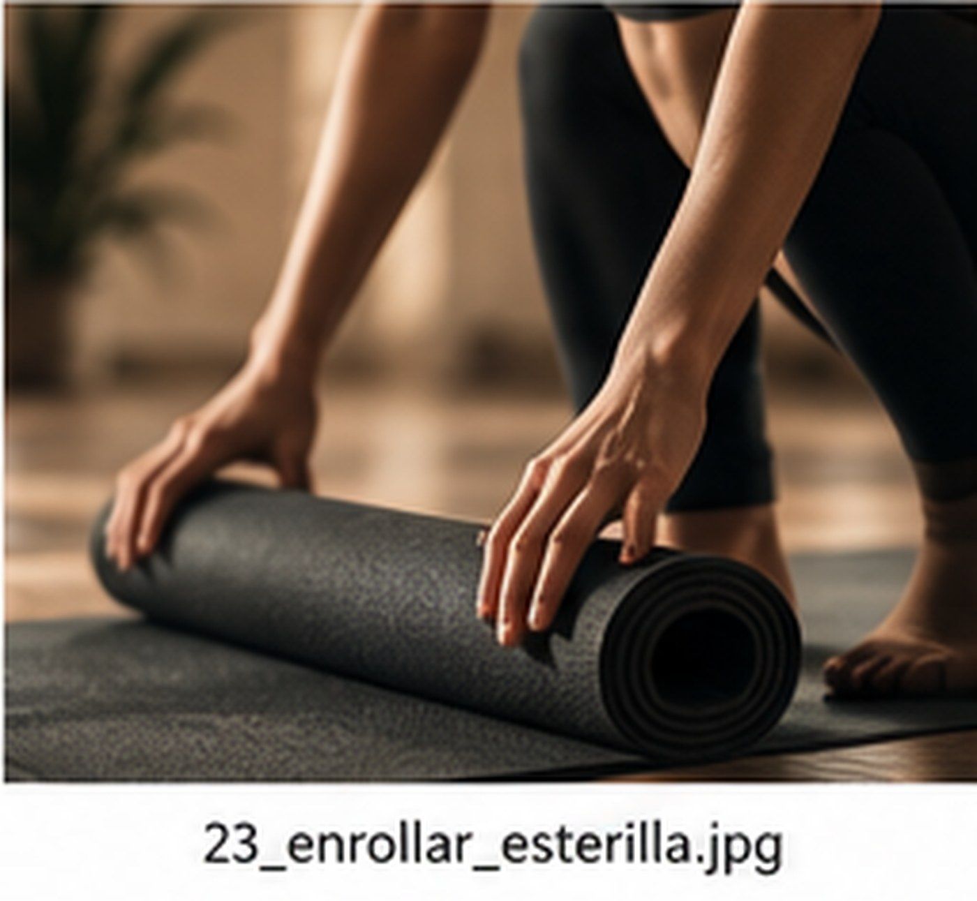 Manos enrollando una esterilla de yoga negra sobre un suelo de madera.