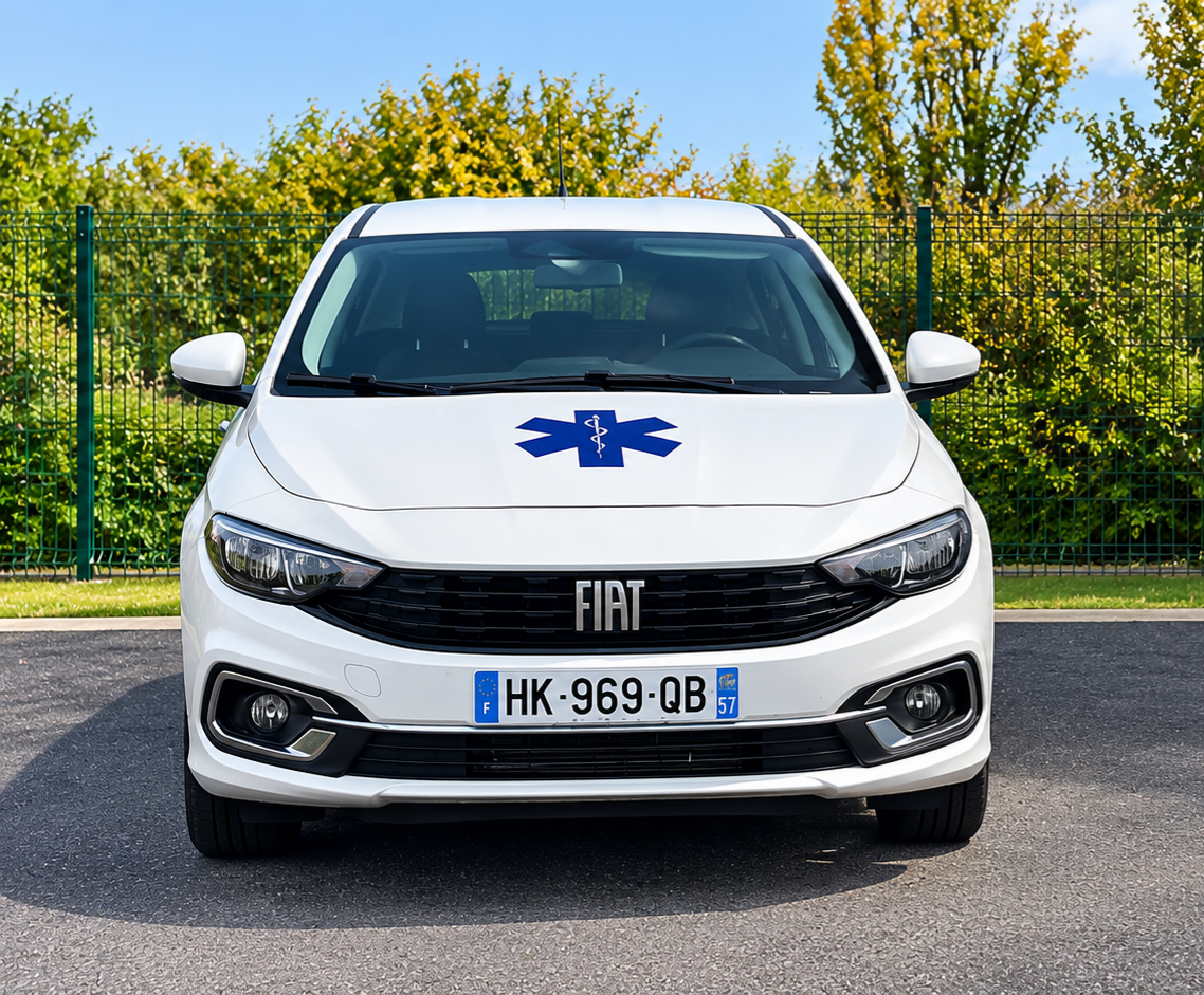 Ambulance jouet sur un formulaire d’assurance français, avec des marquages bleus et orange