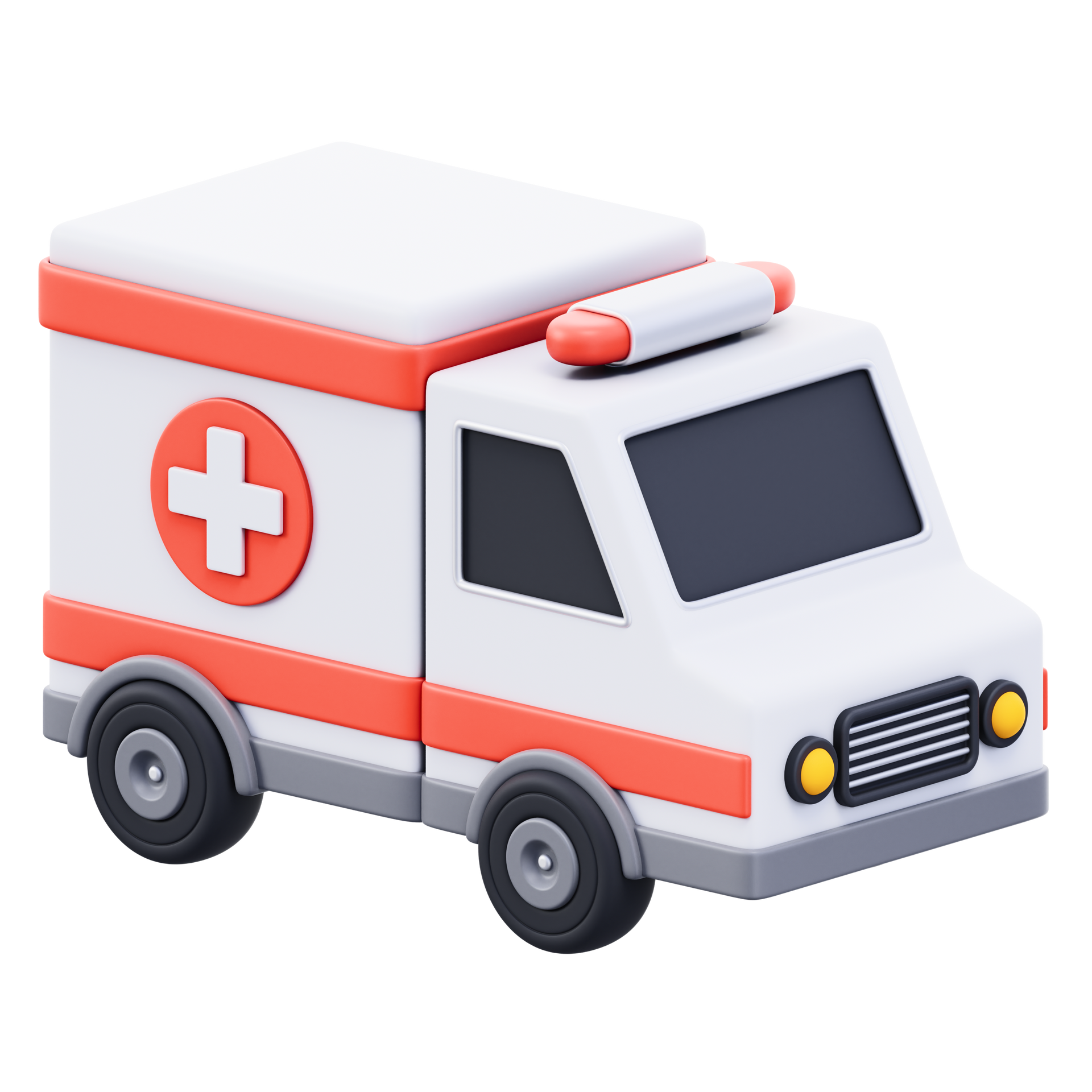 Camion-ambulance blanc et rouge en dessin animé, avec une croix médicale et un gyrophare sur le toit
