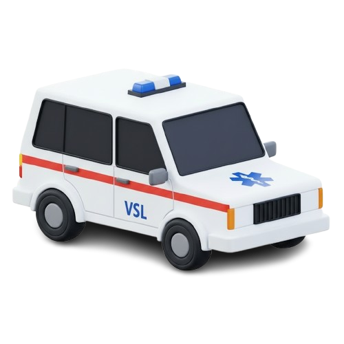 Ambulance blanche avec gyrophare bleu et bande rouge sur fond blanc