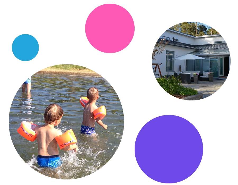 Lapsia uimarannalla ja Pietolan perhekoti