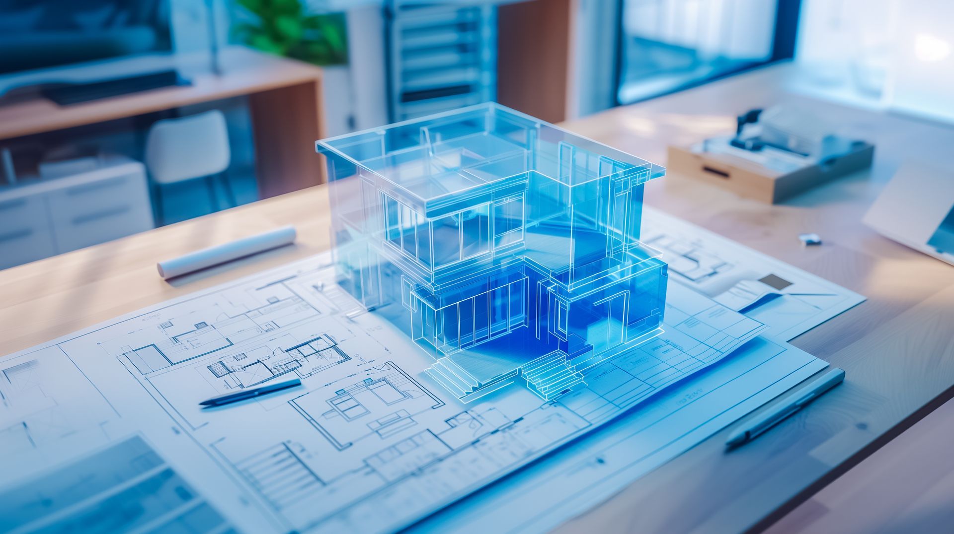 Maquette architecturale et plans sur un bureau, avec une maison holographique superposée.