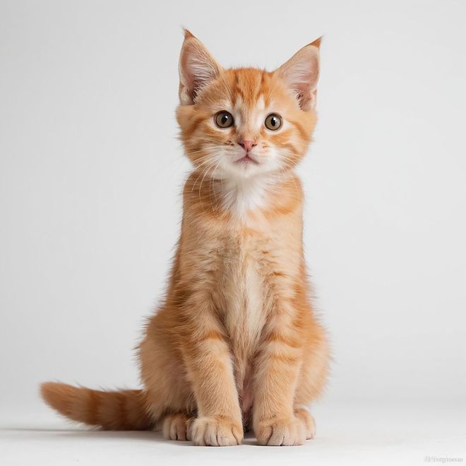 Un gatito atigrado naranja está sentado mirando hacia adelante sobre un fondo liso de color gris claro.