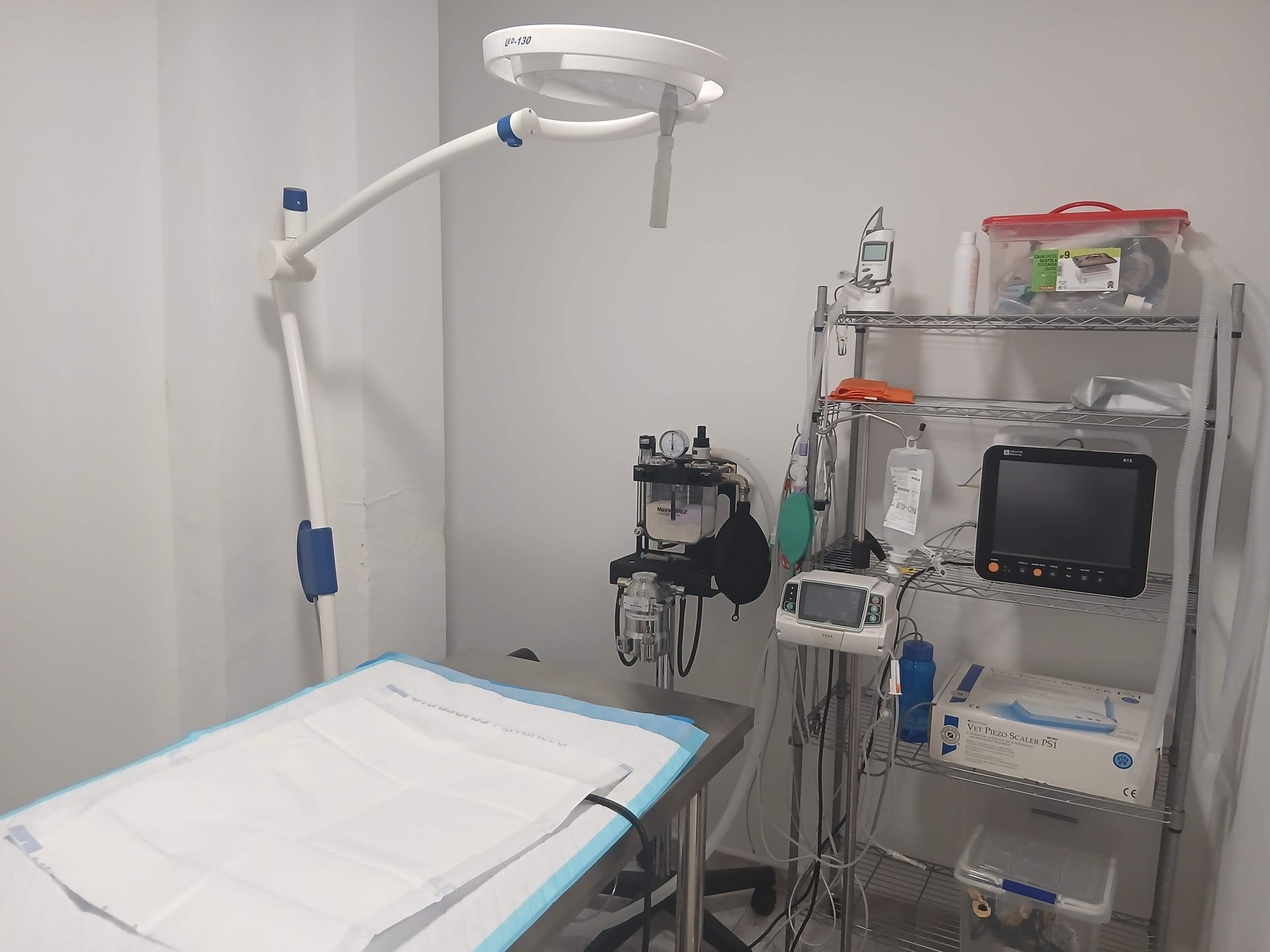 En una sala de una clínica veterinaria blanca, hay una mesa de operaciones de acero inoxidable, con una máquina de anestesia y un soporte para suero intravenoso cerca.