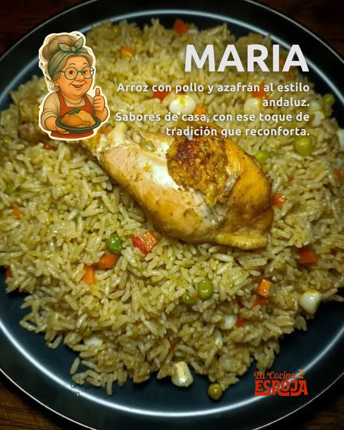 Plato de pollo al azafrán con arroz; receta de María. Dibujo de una mujer sonriente; 