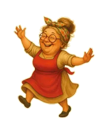 Mujer con delantal y pañuelo en la cabeza, sonriendo con los brazos levantados en señal de alegría.