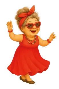 Mujer bailando con un vestido rojo, gafas de sol en forma de corazón y pañuelo en la cabeza.