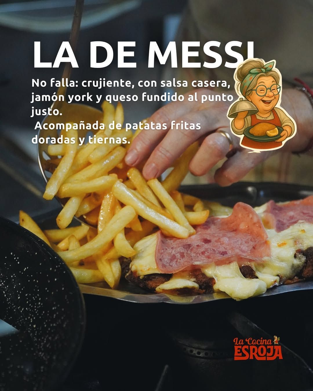 Plato de comida con patatas fritas, carne, queso fundido y el texto 