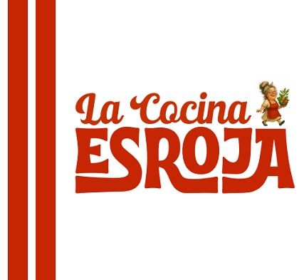 Logotipo de "La Cocina Esroja" con texto rojo e ilustración de una mujer sosteniendo hierbas.