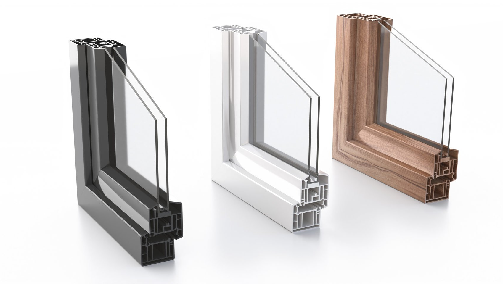 3 échantillons de fenêtres, aluminium, PVC, bois