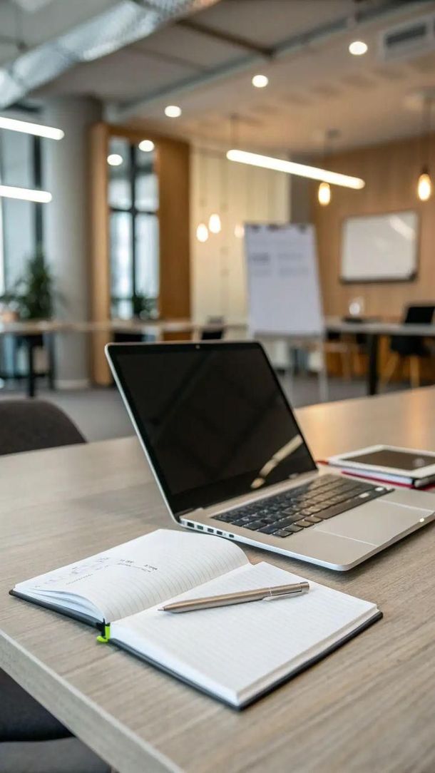 Un ordinateur portable et un cahier ouvert sur un bureau en bois dans une salle de réunion d'un bureau moderne