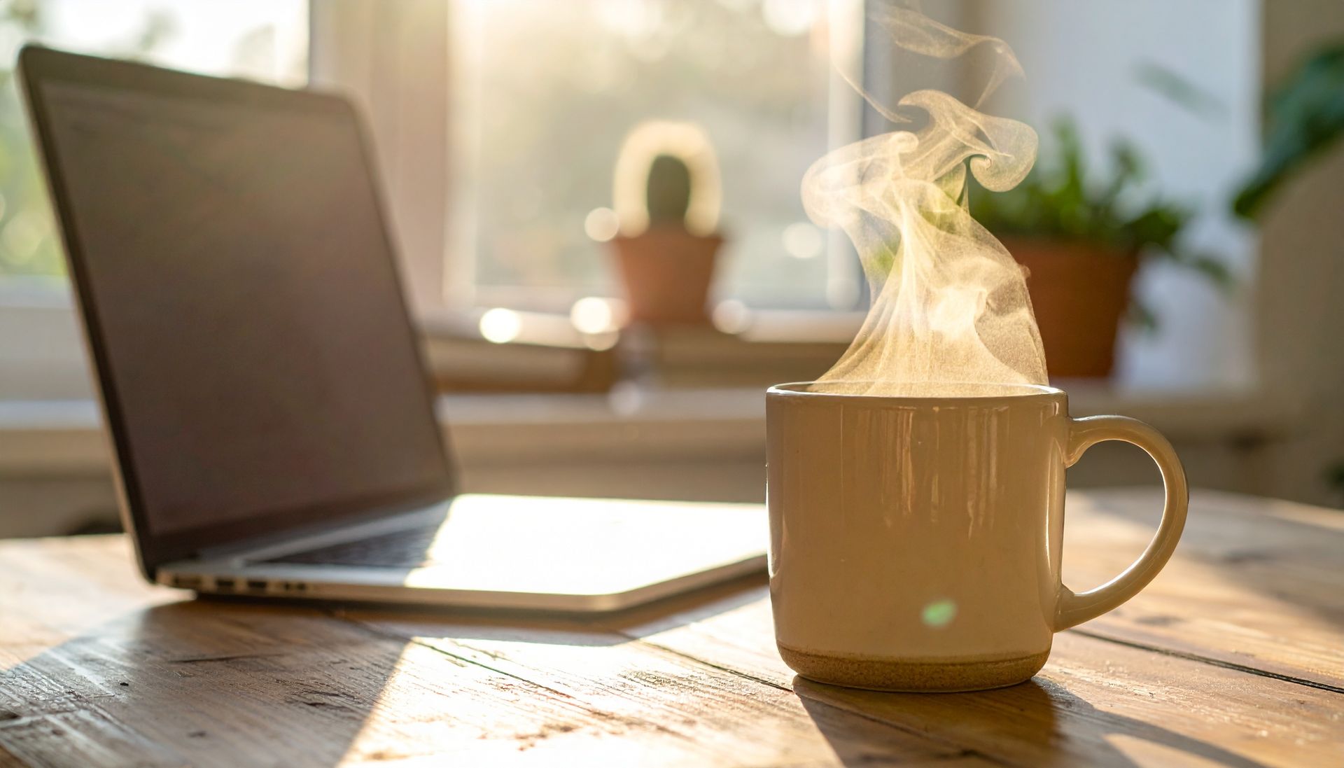 Une tasse fumante à côté d'un ordinateur portable ouvert sur un bureau ensoleillé, avec une plante floue en arrière-plan.