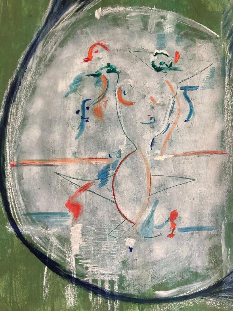 Peinture abstraite représentant une figure pâle aux allures de visage à l'intérieur d'un cercle vert foncé, rehaussée de coups de pinceau rouges, bleus et orange.