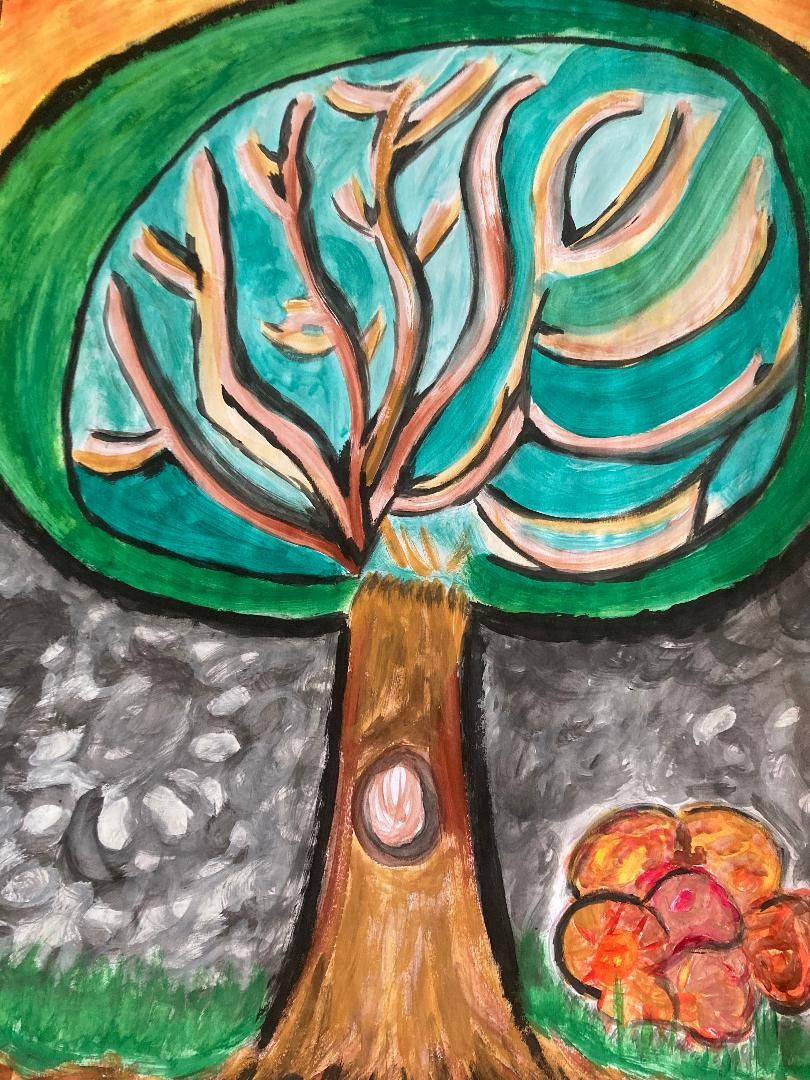 Peinture colorée d'un arbre au tronc brun, à la cime turquoise, sur fond gris, avec des fruits orange au sol.