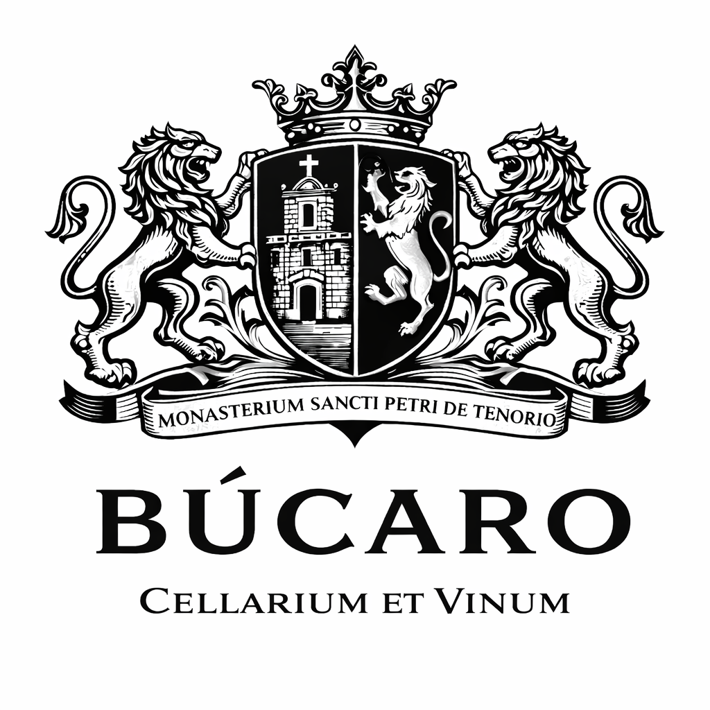 Escudo de vino Bucaro en blanco y negro con leones coronados, lema en latín y texto “BÚCARO Cellarium et Vinum”.