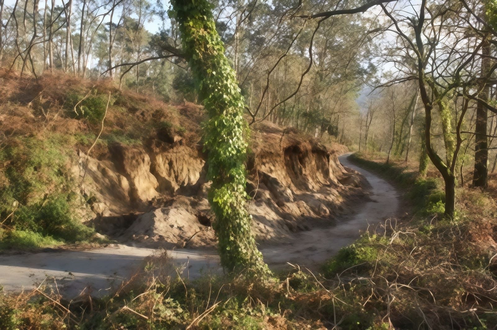 Sendero boscoso en la ladera que serpentea a lo largo de un empinado terraplén de tierra bajo la luz del sol otoñal.