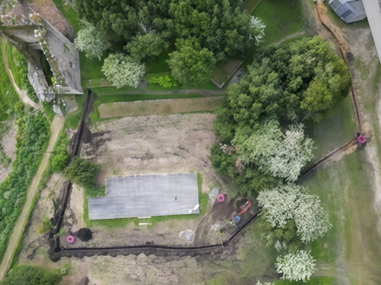 Vista aérea de un pequeño jardín revestido de piedra con un patio pavimentado y árboles y arbustos a su alrededor.